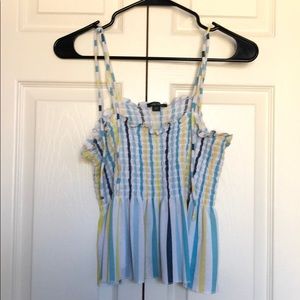 Blue, white, and yellow vertical striped crop top